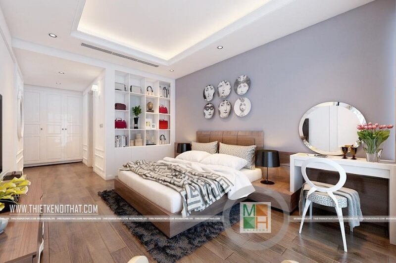 Mẫu giường ngủ chung cư cao cấp bọc da đầu giường màu nâu mang đến cảm giác sang trọng cho căn phòng ngủ của gia chủ Thiết kế chung cư
