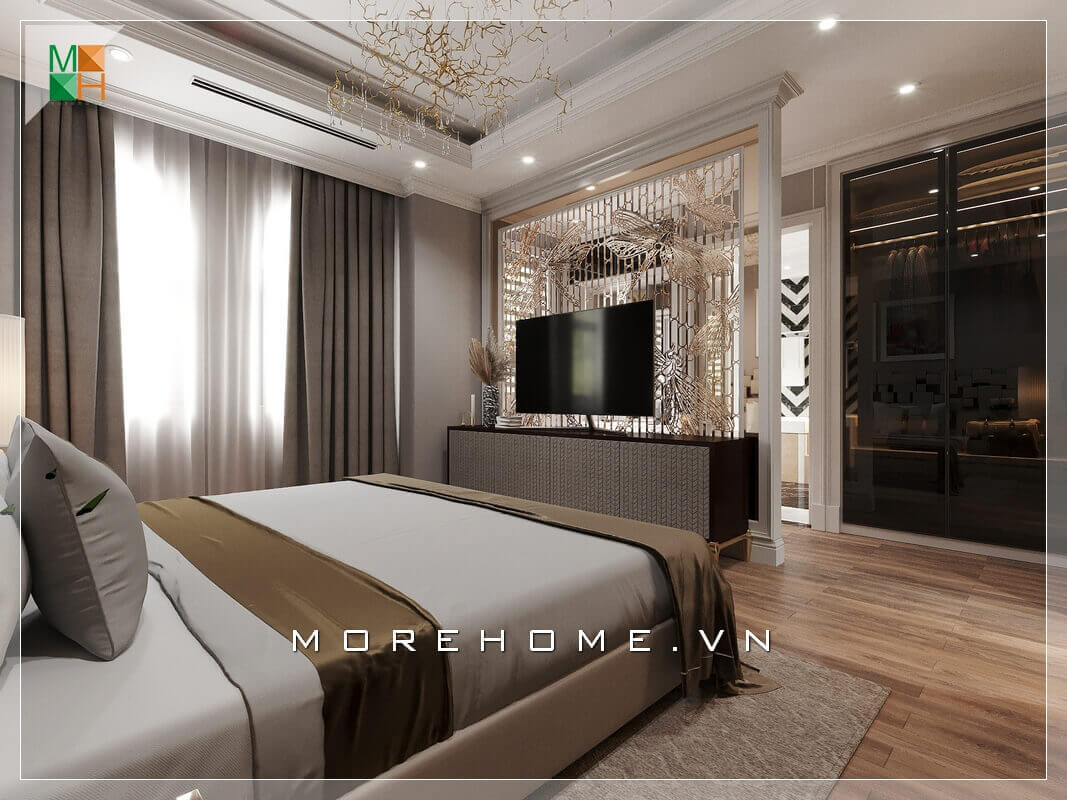 Kệ tv cũng là một trong những đồ nội thất không thể thiếu trong thiết kế nội thất phòng ngủ cao cấp, ở đây kệ tv gỗ nhìn khá đơn giản nhưng cũng hết sức sáng tạo và hiện đại. Thiết kế phòng ngủ chung cư