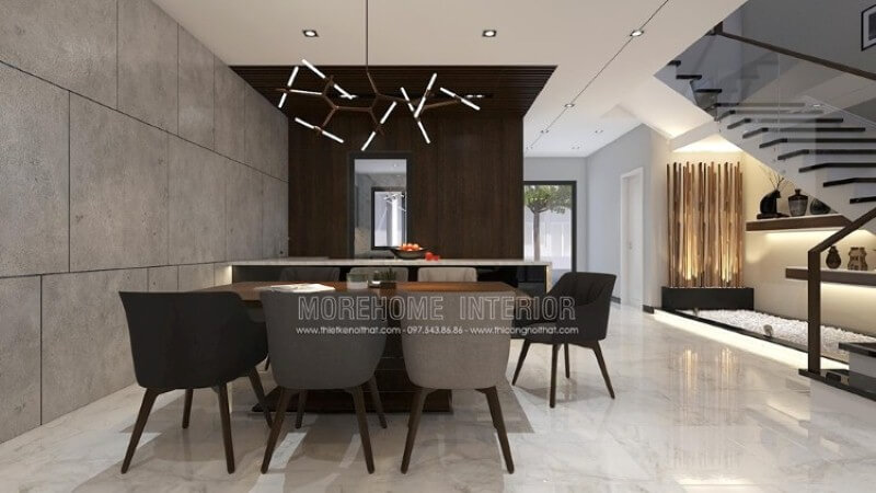 Thiết kế phòng ăn hiện đại độc đáo dành cho không gian rộng như nhà phố, biệt thự với ý tưởng trang trí mở phòng ăn liền kề phòng khách, phòng bếp. Thiết kế nội thất phòng ăn biệt thự