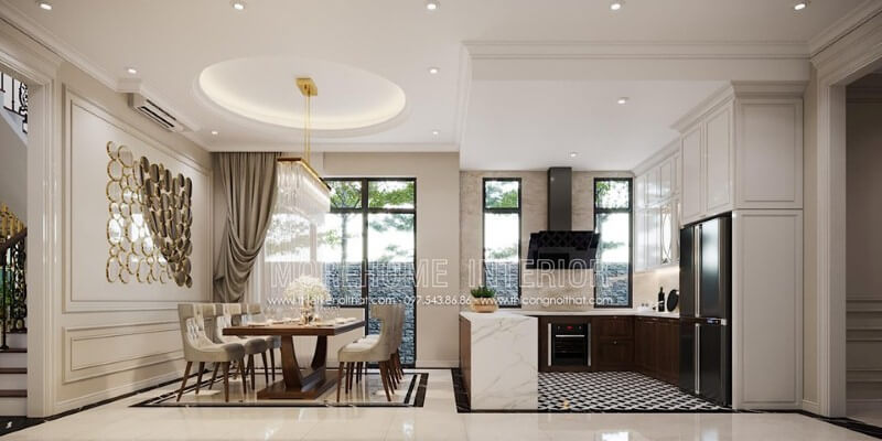 Bố trí nội thất phòng ăn liền phòng bếp đẹp, sang trọng theo phong cách đương đại. Thiết kế nội thất phòng ăn biệt thự