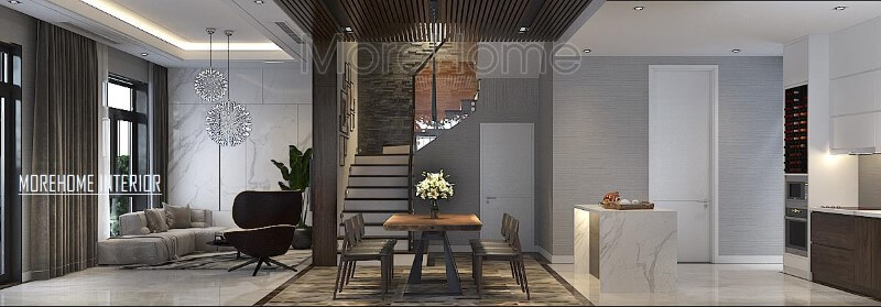 Bố trí phòng khách, bếp ăn hiện đại độc lập nhưng không sử dụng rèm che giúp không gian trở nên thông thoáng, rộng rãi. Thiết kế nội thất phòng ăn biệt thự