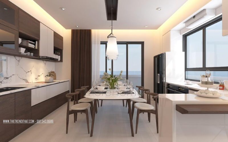 Thiết kế phòng ăn lồng trong phòng bếp vừa tạo không gian hiện đại gọn gàng vừa tiện nghi, sang trọng cho biệt thự, nhà phố. Thiết kế nội thất phòng ăn biệt thự