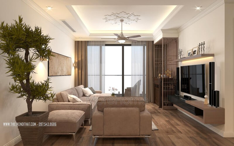 Thiết kế nội thất phòng khách chung cư hiện đại với gam màu nâu nhạt đầm ấm dễ chịu Thiết kế chung cư