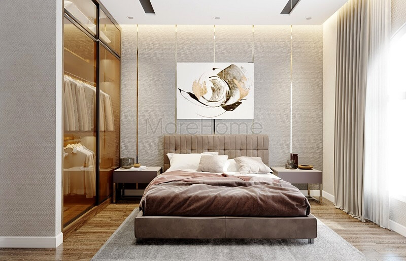 Mẫu thiết kế phòng ngủ đẹp với đồ nội thất hiện đại: Giường ngủ, tủ quần áo âm tường, tap đầu giường kết hợp giấy dán tường và tranh trang trí đẹp mắt. Thiết kế phòng ngủ