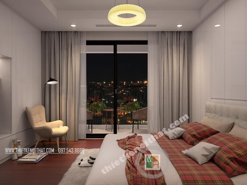 Mẫu thiết kế phòng ngủ nhỏ gọn với tông màu trắng ghi làm chủ đạo kết hợp bộ ga trải giường caro đỏ tạo điểm nhấn màu sắc cho căn phòng Thiết kế phòng ngủ