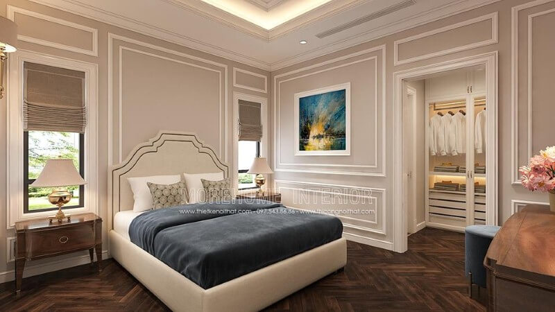 Sắp xếp nội thất phòng ngủ tân cổ điển có tủ quần áo đẹp, sang trọng. Thiết kế phòng ngủ