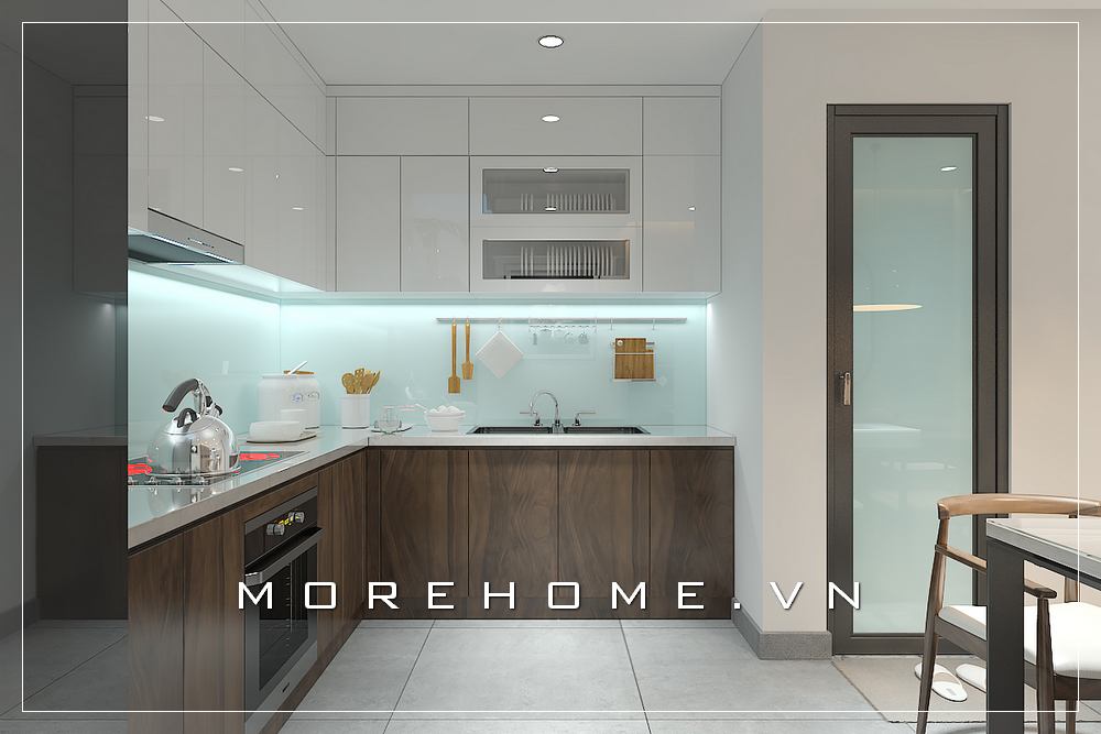 Mẫu tủ bếp gỗ công nghiệp cữ L hiện đại, tone màu nâu của gỗ tạo nên không gian ấm cúng, thiết bị bếp đầu đủ tạo không gian tiện nghi cho người nội trợ Tủ bếp đẹp