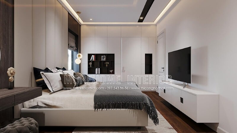 Tường phủ trắng đơn giản nhưng lại tạo nét đẹp sang trọng tinh tế cho phòng ngủ hiện đại. Thiết kế phòng ngủ biệt thự
