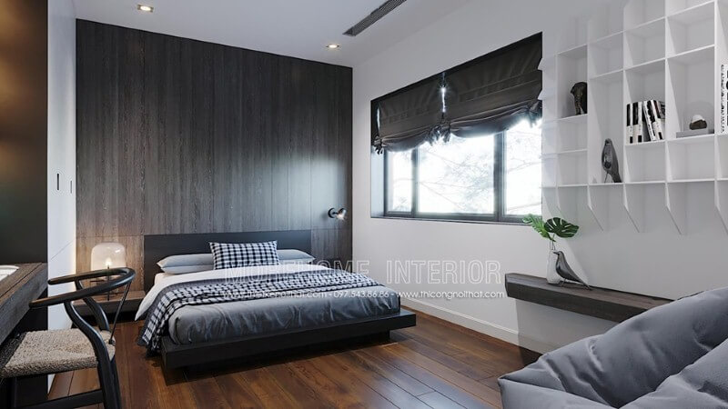 Gỗ ốp tường tối màu cùng đường vân độc đáo tạo vẻ đẹp sang trọng cuốn hút trong phòng ngủ vợ chồng hiện đại. Thiết kế phòng ngủ biệt thự