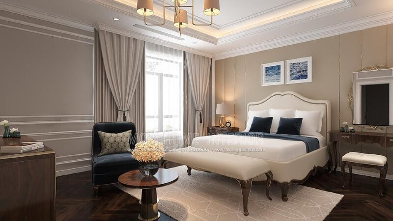 Thiết kế nội thất phòng ngủ tân cổ điển đẹp, sang trọng nổi bật với sắc trắng điểm nhấn từ bộ đôn, giường bọc nệm gỗ óc chó tự nhiên. Thiết kế phòng ngủ biệt thự