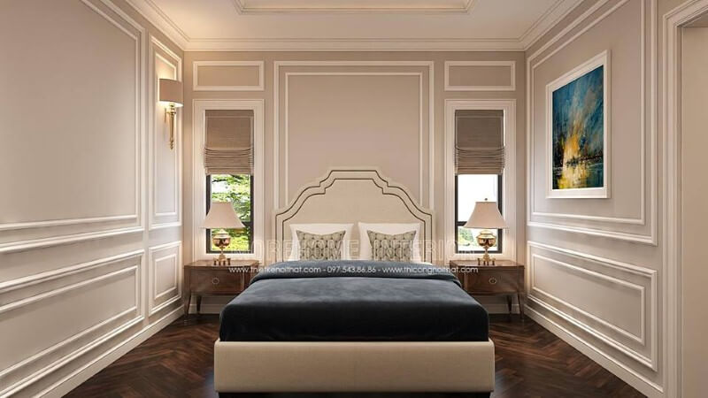 Thiết kế cửa sổ phòng ngủ ngay đầu giường giúp không gian luôn được thông thoáng. Thiết kế phòng ngủ biệt thự
