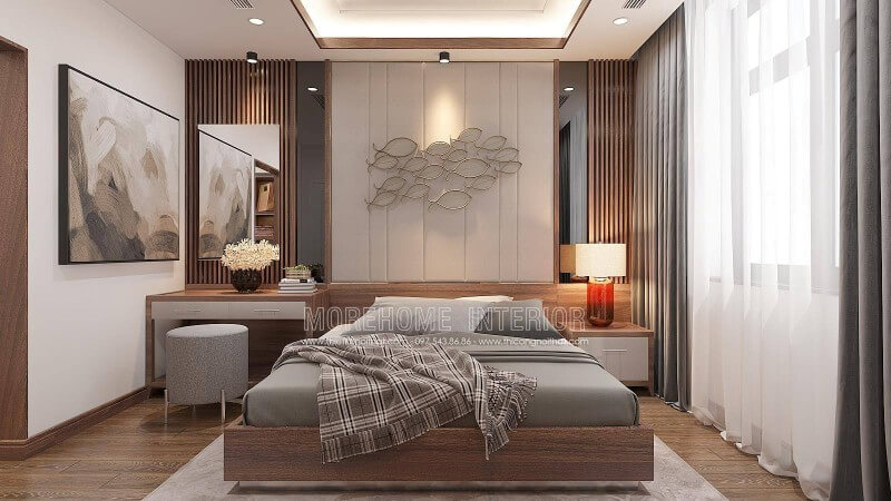 Bạn là người thích cảm giác mộc mạc từ gỗ đặc biệt lại từ loại gỗ óc chó loại gỗ thượng hạng vân 3D màu sắc sang trọng với chi phí vừa phải có thể là lựa chọn đáng chú ý trong ý tưởng bố trí nội thất phòng ngủ nam tính này. Thiết kế nội thất biệt thự