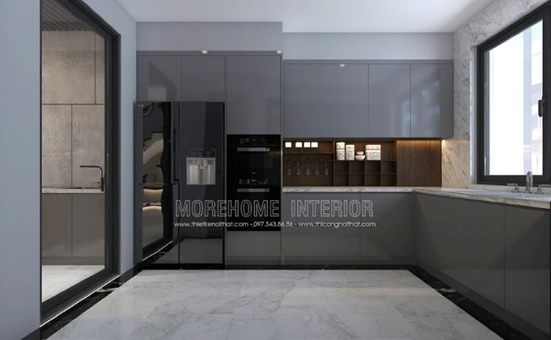 Mẫu tủ bếp gỗ công nghiệp acrylic màu xám đẹp mắt trong thiết kế nội thất phòng bếp hiện đại sẽ là lựa chọn khá phù hợp với các không gian như chung cư, biệt thự, nhà phố. Tủ bếp đẹp, sang trọng và đẳng cấp