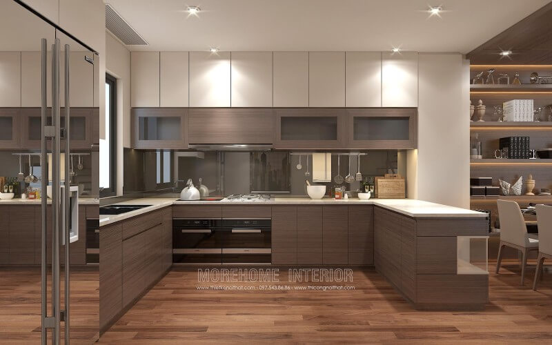 Sự đối lập giữa 2 gam màu nâu - trắng mang lại cái nhìn mới lạ, ấn tượng, tủ bếp gỗ công nghiệp gợi mở ra một nhà bếp tinh tế và ấm cúng Tủ bếp đẹp, sang trọng và đẳng cấp