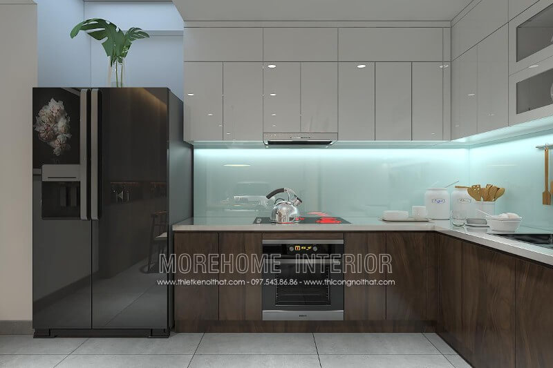 Tủ bếp hiện đại kiểu dáng chữ L tận dụng tối đa được góc khuất của phòng bếp mang lại không gian rộng và thoáng hơn Tủ bếp hiện đại, tủ bếp chữ u, tủ bếp chữ i, tủ bếp chữ l