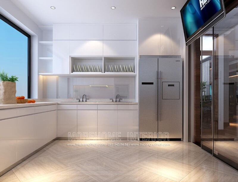 Tủ bếp chữ L hiện đại được thiết kế âm tường giúp tiết kiệm tối đa diện tích cho không gian nhà nhỏ Tủ bếp hiện đại, tủ bếp chữ u, tủ bếp chữ i, tủ bếp chữ l