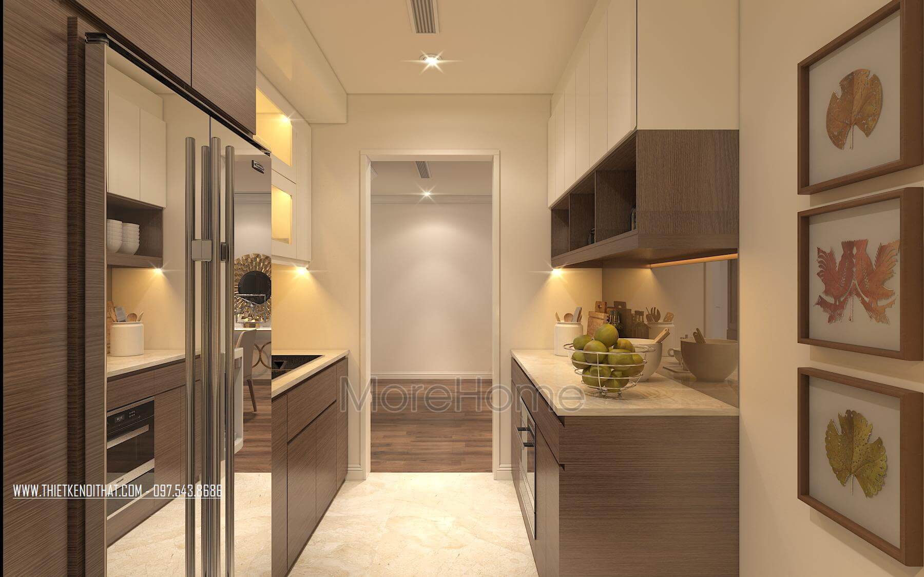 Thiết kế nội thất phòng bếp công năng với mẫu tủ bếp gỗ công nghiệp MDF có màu sắc và vân gỗ tạo sự ấm áp, thân thiện giúp các bà nội trợ thêm yêu không gian bếp của mình. mẫu tủ bếp gỗ công nghiệp An Cường