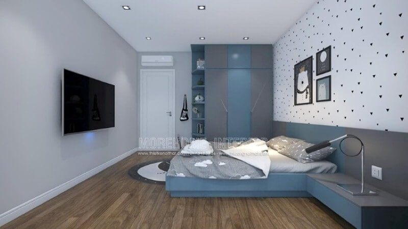 Tủ quần áo hiện đại liền kệ để đồ sẽ là gợi ý ấn tượng để phòng bé luôn được gọn gàng ngăn nắp.
