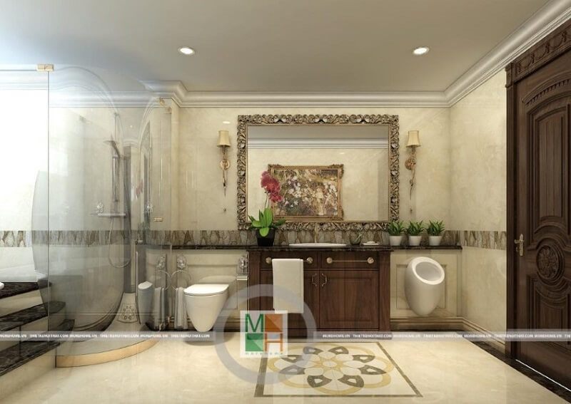 Phòng tắm của gia chủ sẽ trở nên sang trọng và đẳng hơn khi sử dụng vách tắm kính để phân chia khu vệ sịnh và khu tắm.