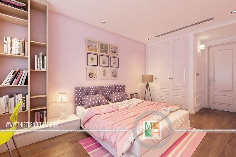 Mẫu thiết kế phòng ngủ bé gái độc đáo với tông màu hồng chủ đạo kết hợp đồ nội thất nhỏ gọn tiện nghi: tủ quần áo âm tường, kệ sách treo, giường ngủ nhỏ nhắn,.. được nhiều gia chủ yêu thích và hướng đến.