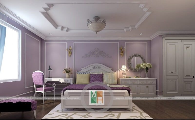 Mẫu thiết kế nội thất phòng ngủ sang trọngcho chung cư Mandarin với tông màu tím chủ đạo lôi cuốn mọi ánh nhìn.