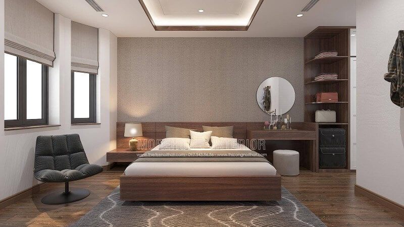 Bạn thích sự nhẹ nhàng trầm ấm, ban đang muốn trang trí mảng tường đầu giường cho mẫu thiết kế nội thất phòng ngủ master của mình, bạn có thể lựa chọn giấy dán tường đơn sắc màu nâu như trong ý tưởng bố trí nội thất biệt thự tại Vinhomes Imperia Hải Phòng.
