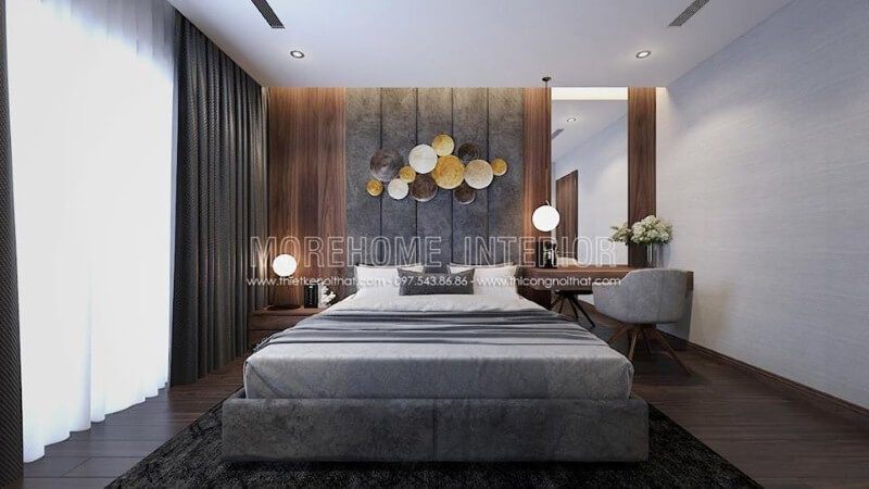 Trang trí phòng ngủ với giấy dán tường màu xám đơn sắc tạo nên không gian nhẹ nhàng tinh tế.