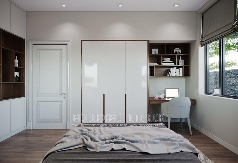 Sắp xếp nội thất phòng ngủ sơn trắng kết hợp điểm nhấn gỗ tạo nét độc đáo sang trọng.