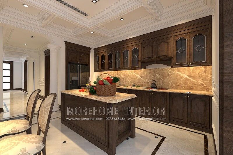 Sản phẩm tủ bếp chữ i gỗ óc chó tân cổ điển đang được Morehome thiết kế và sản xuất