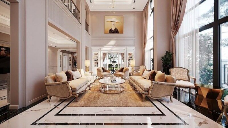 Bố trí nội thất phòng khách thông tầng biệt thự tân cổ điển cao cấp tại Vinhomes Imperia Hải Phòng.