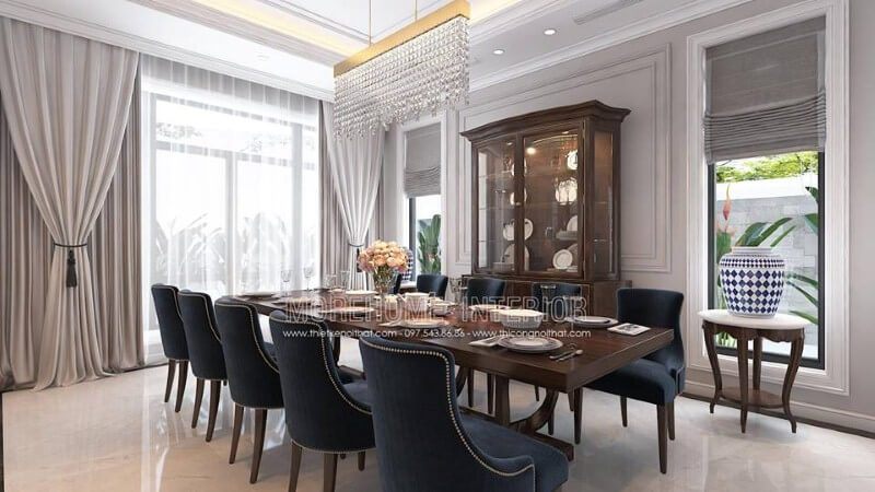 Thiết kế nội thất phòng ăn gỗ óc chó tân cổ điển đẹp, sang trọng từ bàn gỗ nguyên khối, ghế bọc nệm cao cấp, kệ, tủ kệ trang trí.