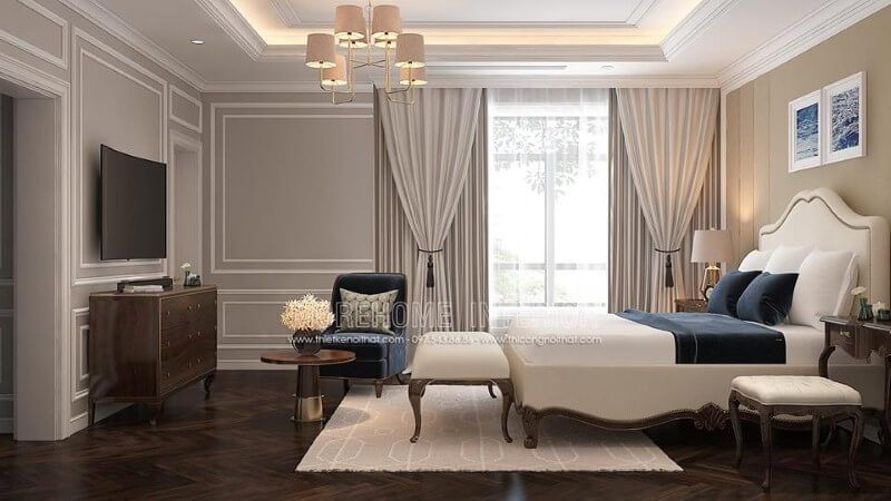 Bố trí nội thất phòng ngủ master gỗ óc chó mang phong cách tân cổ điển sang trọng, độc đáo.