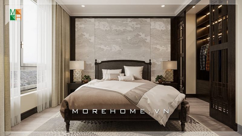 Thiết kế nội thất phòng ngủ Master bằng gỗ tự nhiên tone màu trầm ấm áp tại chung cư cao cấp phong cách tân cổ điển sang trọng