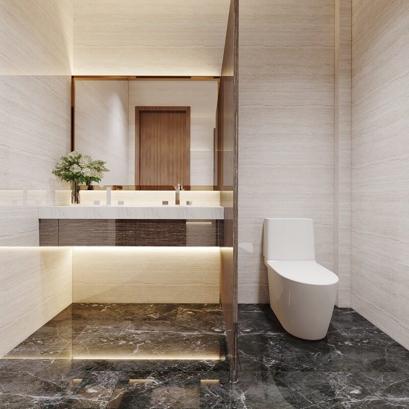 Để tạo nên sự tinh tế và sang trọng cho nhà vệ sinh, hãy sử dụng kính cường lực để trang trí.